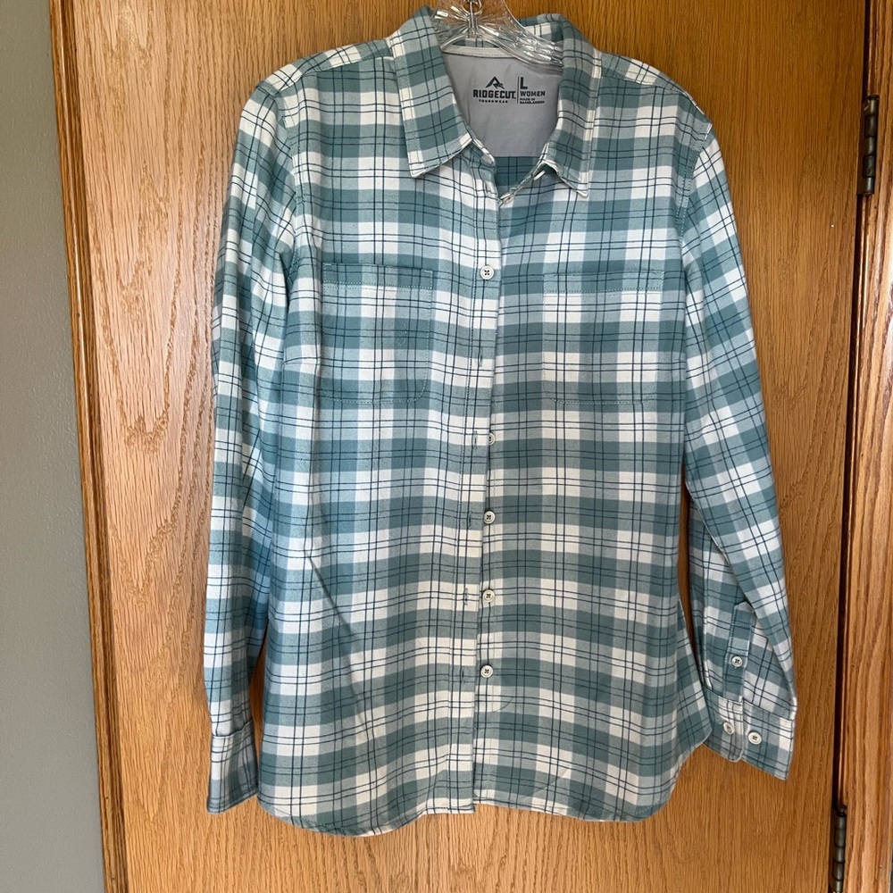 Green and White Button Down Plaid Shirt